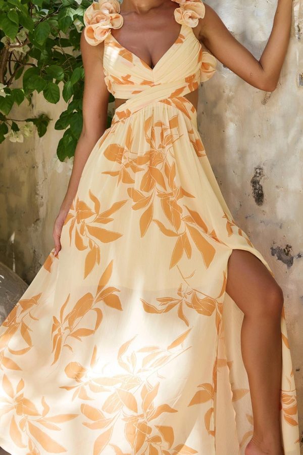 Toperth Yellow Floral Ruffle Strap V-Neck Maxi Dress