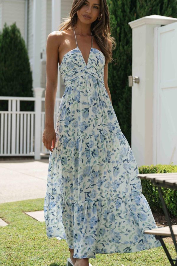 Toperth Halterneck Tiered Skirt Periwinkle Floral Maxi Dress