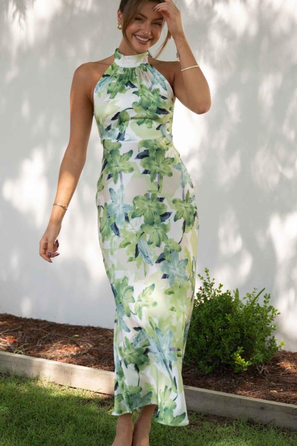 Toperth Green Floral Halter Open Back Maxi Dress
