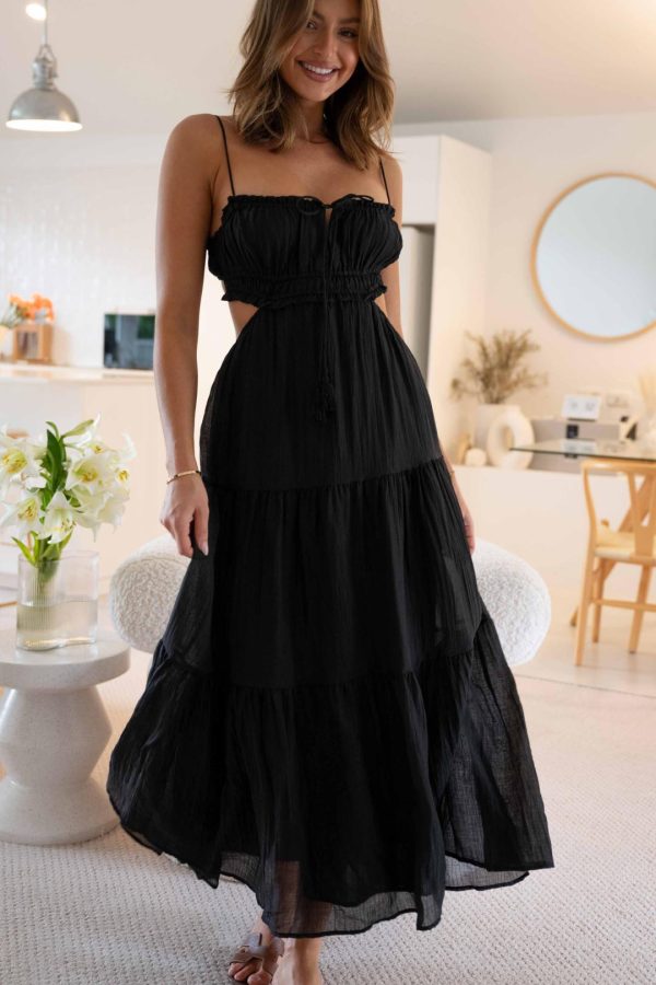 Toperth Black Sheer Cutout Frilled Trimmings Maxi Dress