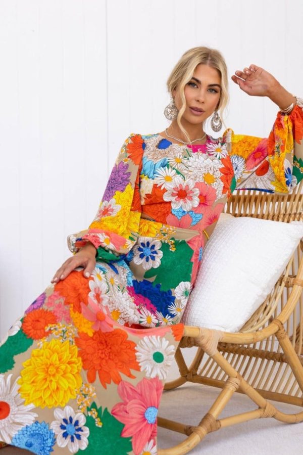 Toperth Open Back & Elastic Details Floral Print Maxi Dress