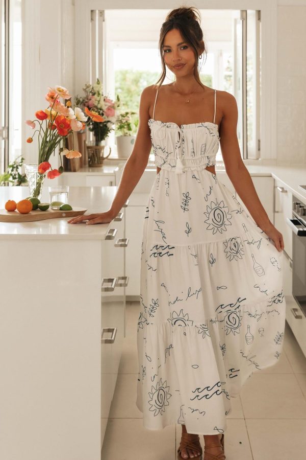Toperth Coastal Sheer Cutout Frilled Trimmings Maxi Dress