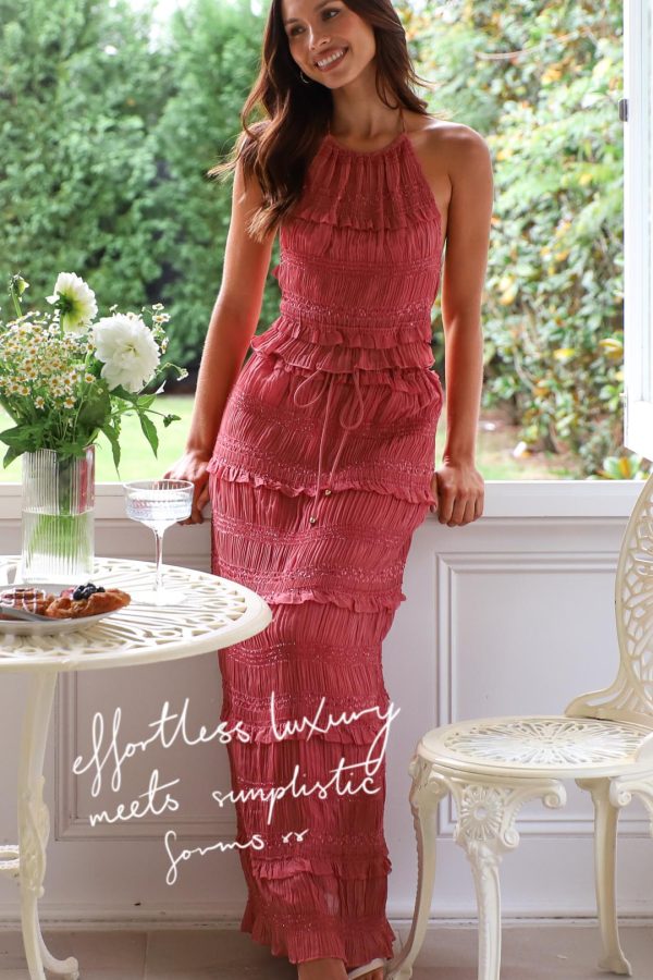 Toperth Rose Red Ruched High Waist Maxi Dress