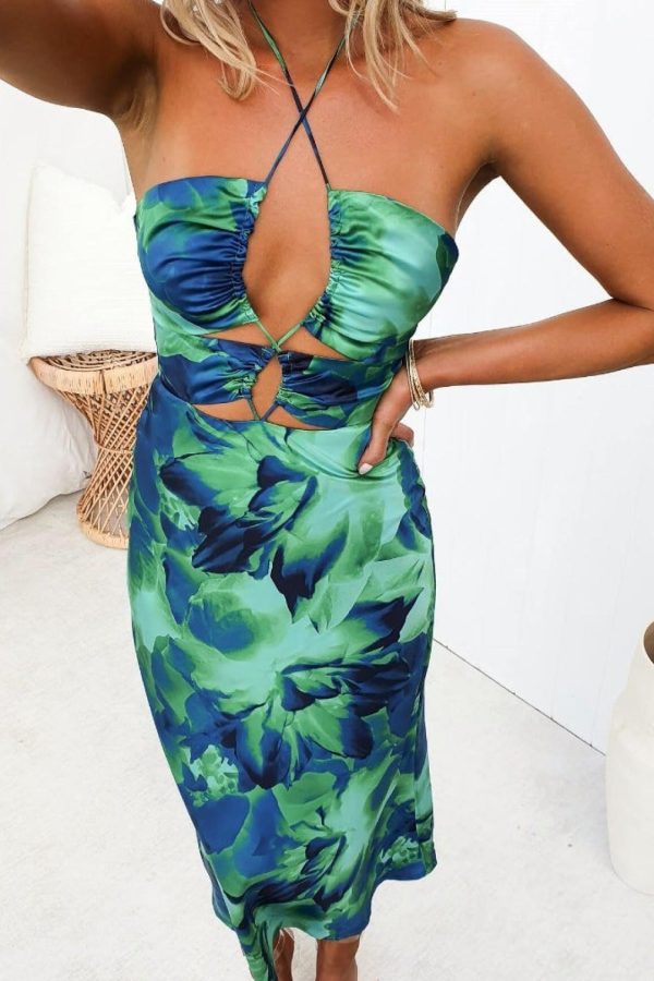 Toperth Green Print Tie Halter Neck Cut-Out Midi Dress