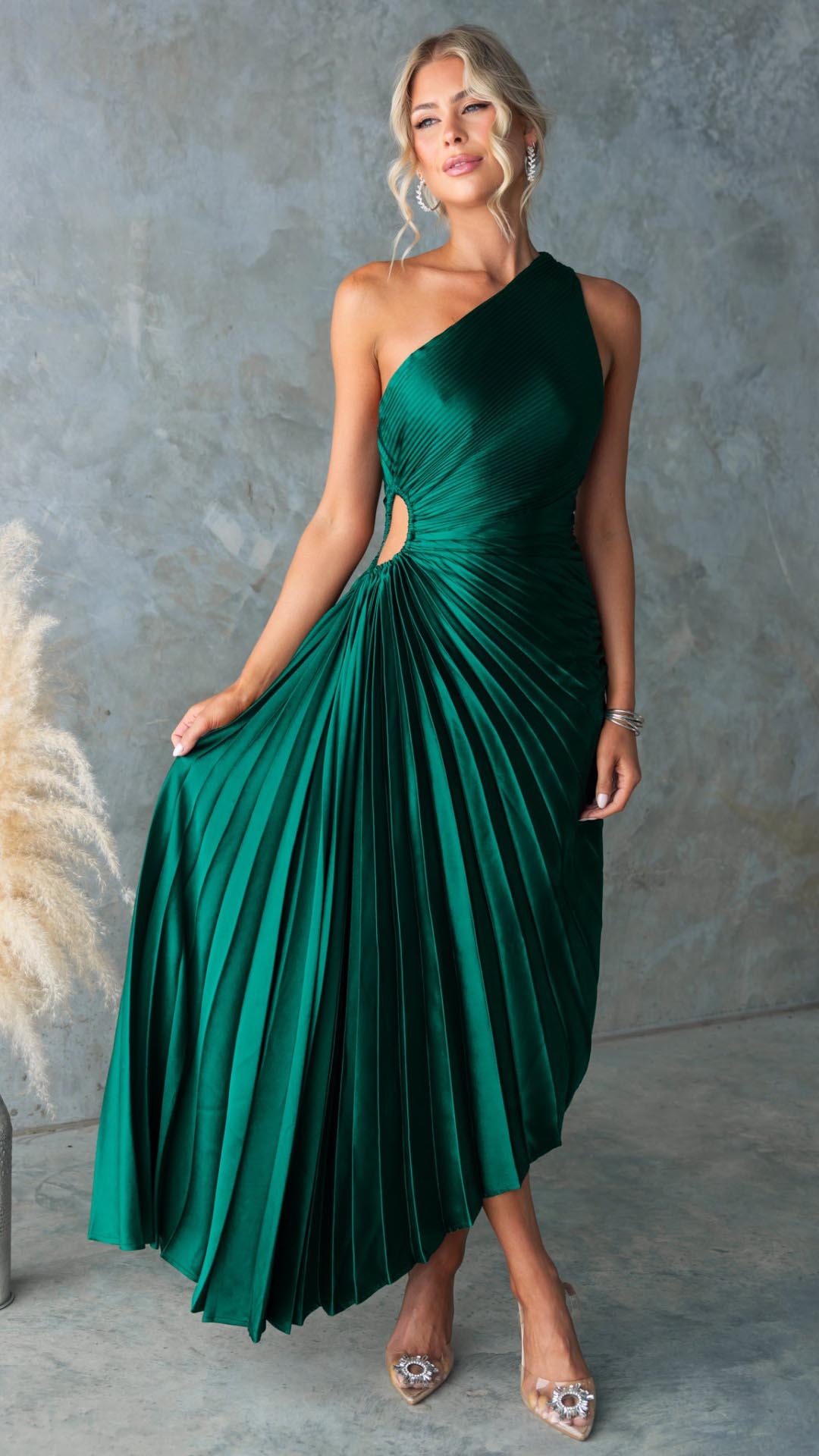 Toperth Forest Green Pleated One-Shoulder Maxi Dress – Toperth