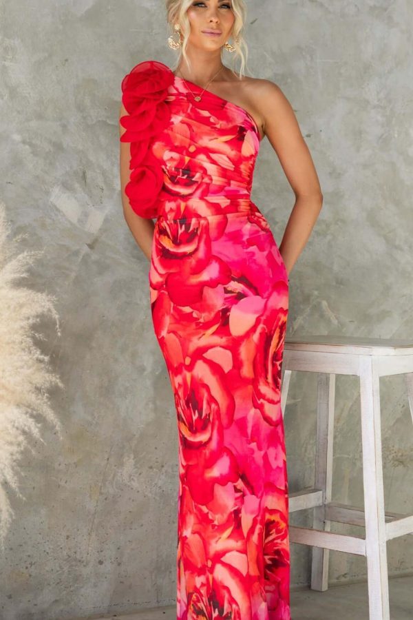Toperth Red Floral Ruffle One-Shoulder Mesh Maxi Dress