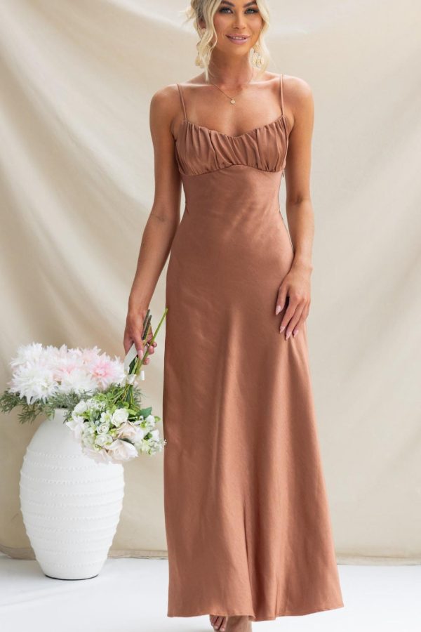 Toperth Chocolate Satin Gathered Maxi Dress