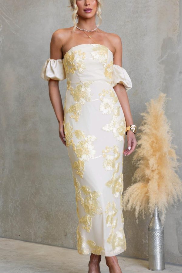 Toperth Yellow Embroidered Floral Strapless Maxi Dress