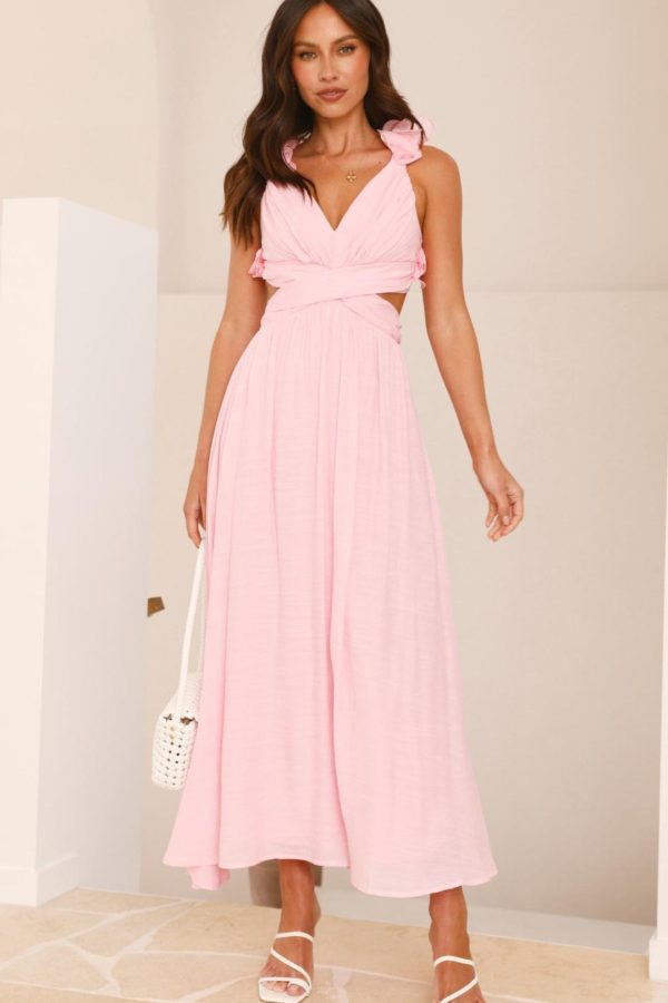 Toperth Pink Ruffle Strap V-Neck Maxi Dress