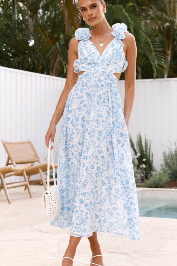 Toperth Blue Floral Ruffle Strap V-Neck Maxi Dress