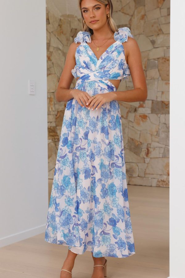 Toperth Blue Floral Print Ruffle Strap V-Neck Maxi Dress