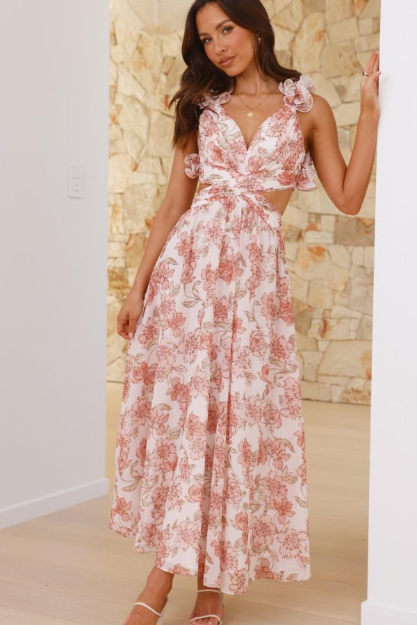 Toperth Pink Floral Print Ruffle Strap V-Neck Maxi Dress