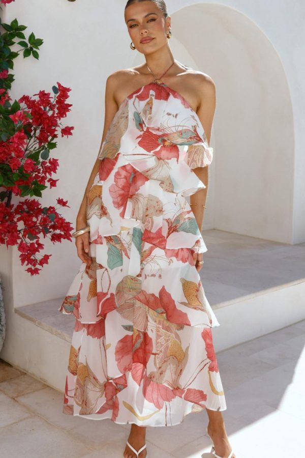 Toperth Red Floral Frill Halter Maxi Dress