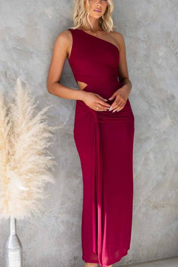 Toperth Burgundy One-Shoulder Drawstring Mesh Maxi Dress