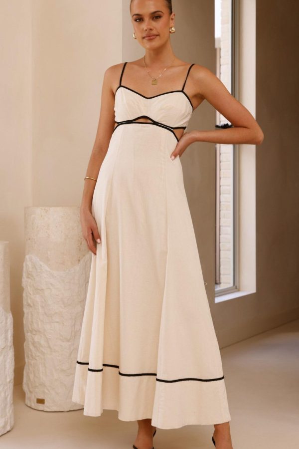 Toperth Cream Contrast Trim Tie Back Maxi Dress