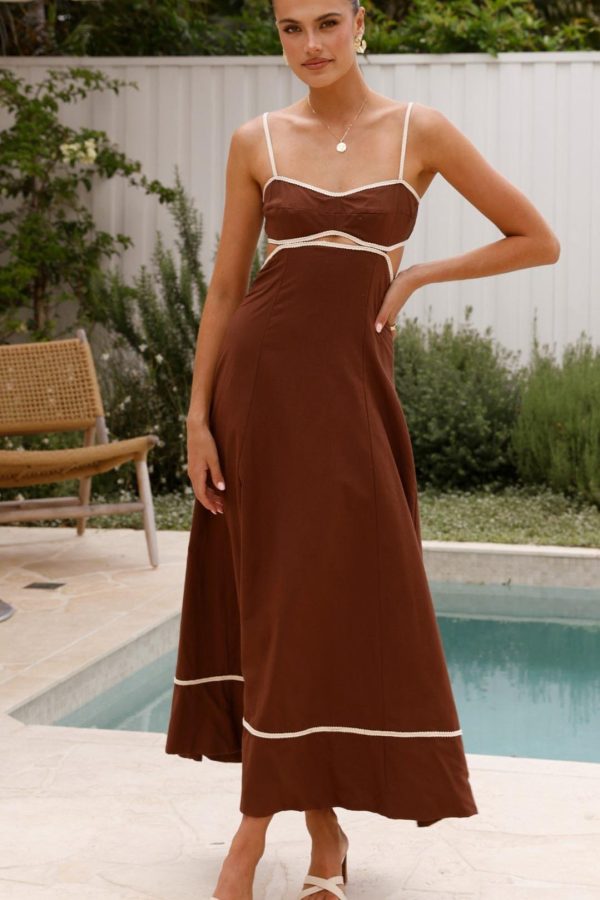 Toperth Chocolate Contrast Trim Tie Back Maxi Dress