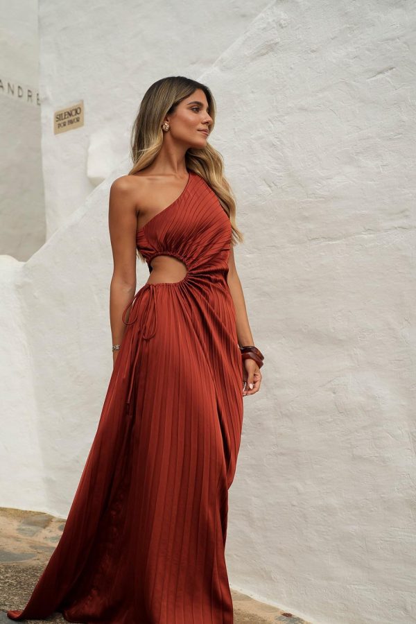 Toperth Copper Pleated One Shoulder Maxi Dress