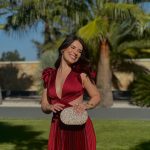 Toperth Wine Ruffle Shoulder V-Neck Pleated Maxi Dress photo review