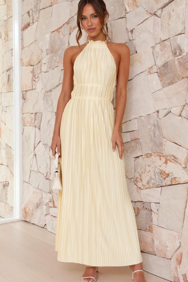 Toperth Yellow Pleated Halter Open-Back Maxi Dress