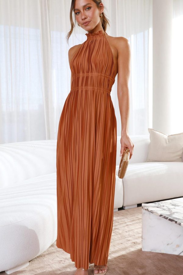 Toperth Chocolate Pleated Halter Open-Back Maxi Dress