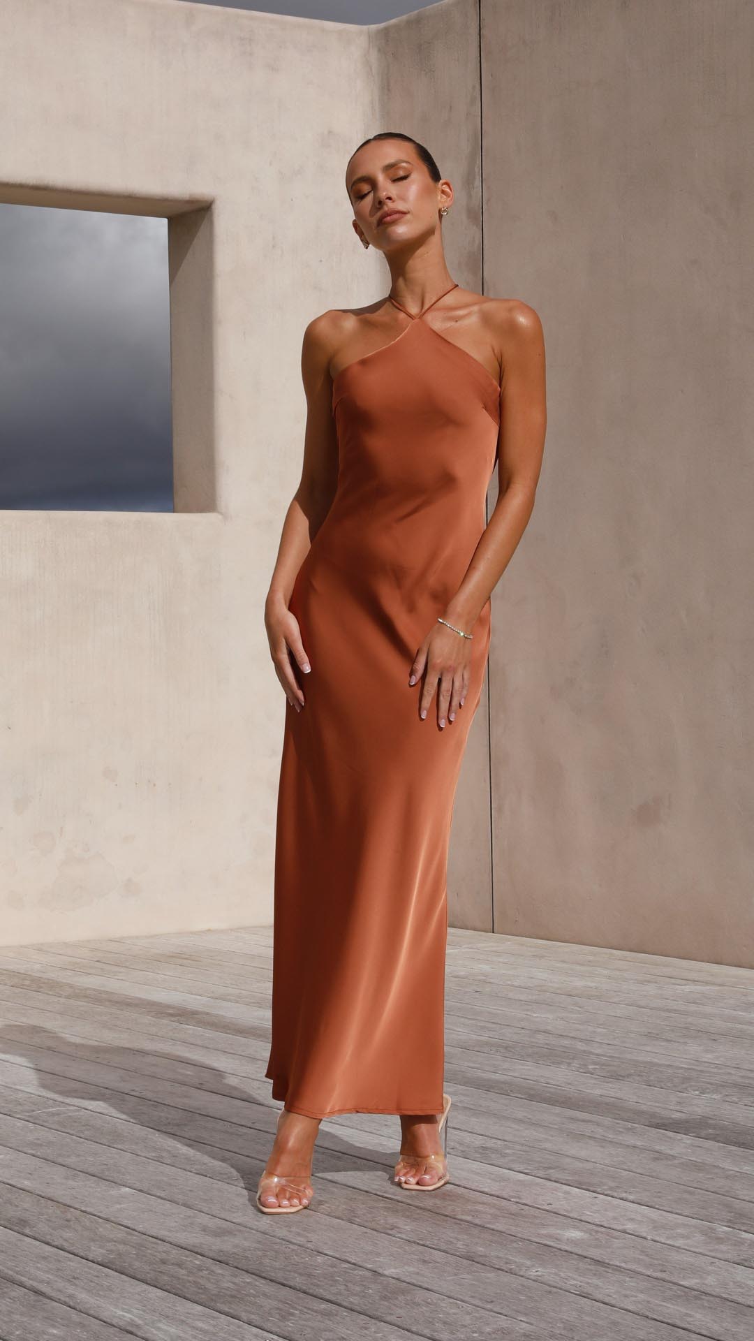 TH-02744 (1) Toperth Copper Satin Halter Tie-Back Maxi Dress – Toperth