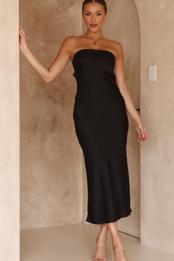 Toperth Black Satin Strapless Cowl Back Maxi Dress