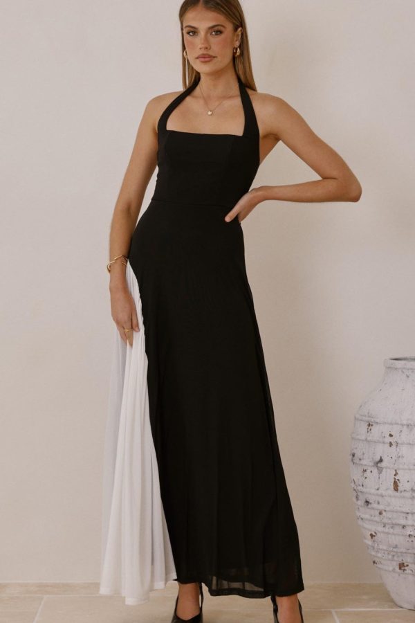 Toperth Black Contrast Halter Mesh Maxi Dress