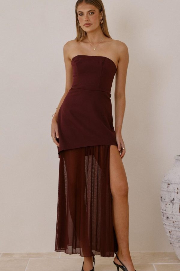 Toperth Burgundy Strapless Mesh Split Maxi Dress