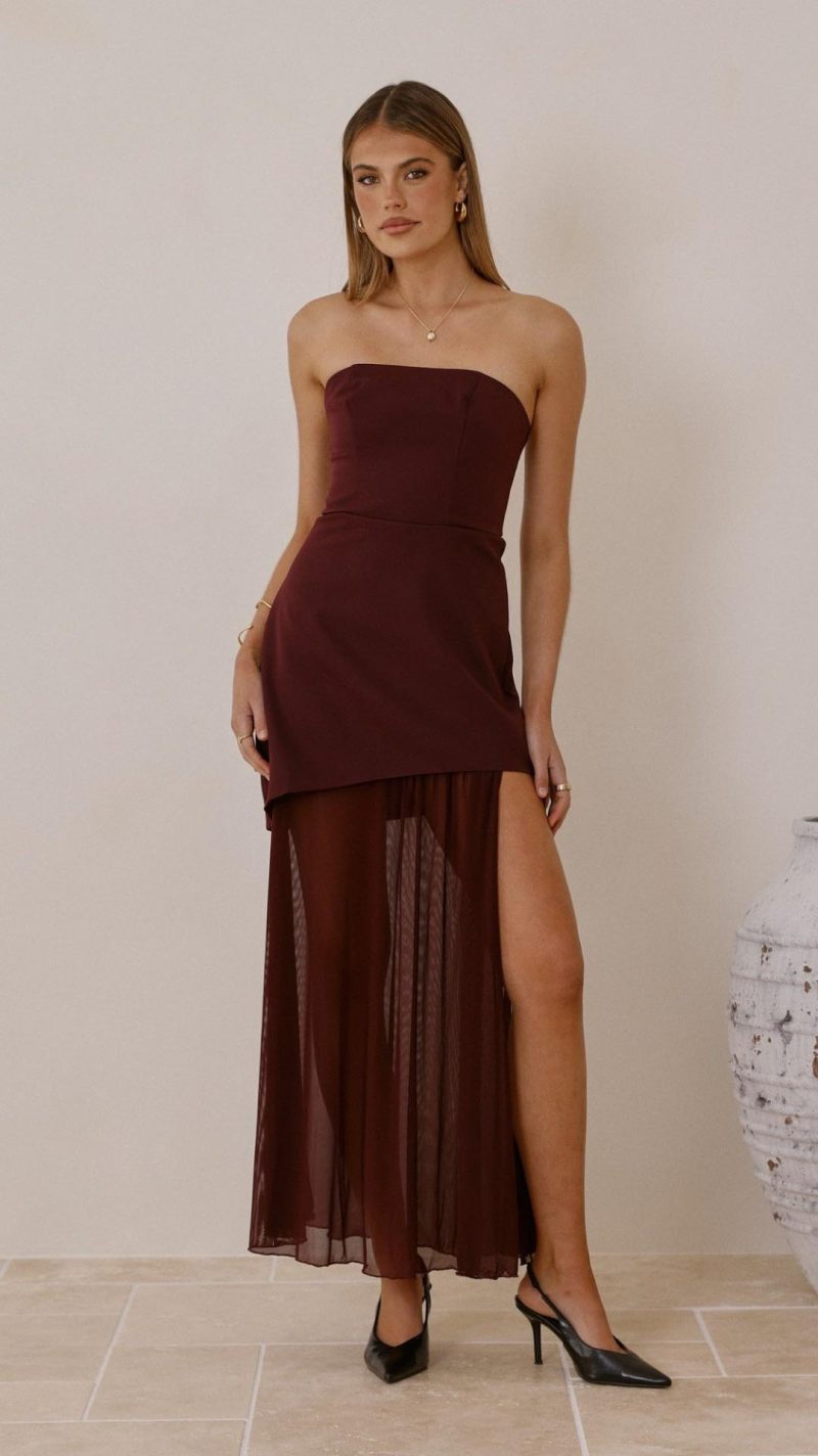 TH-02838-1 Toperth Burgundy Strapless Mesh Split Maxi Dress – Toperth