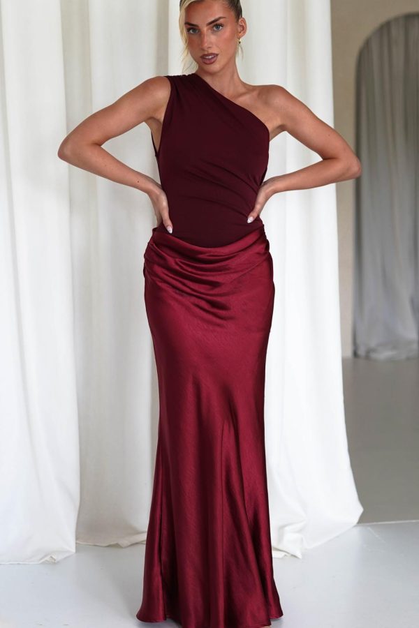 Toperth Burgundy Draped One Shoulder Maxi Dress