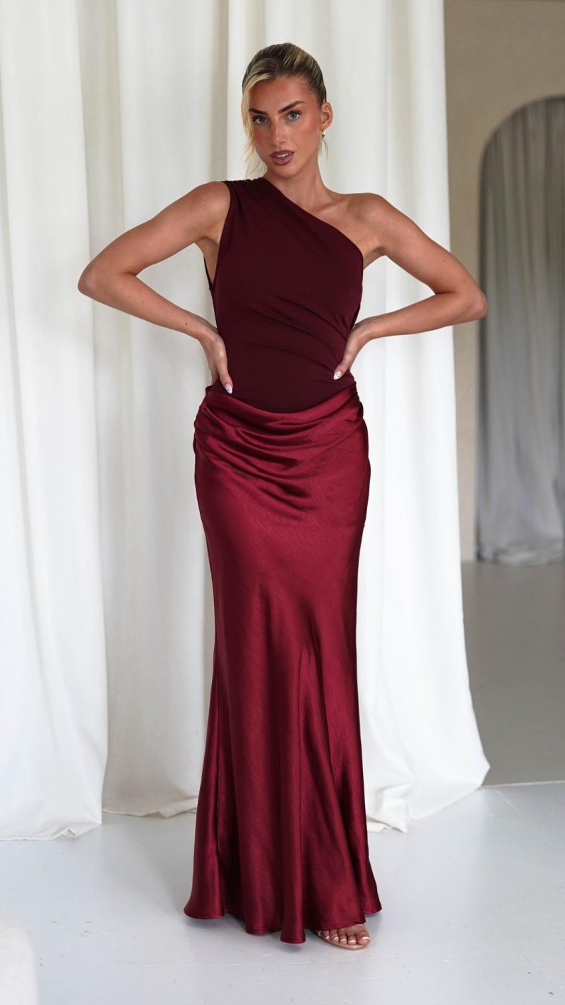 Toperth Burgundy Draped One Shoulder Maxi Dress &ndash; Toperth