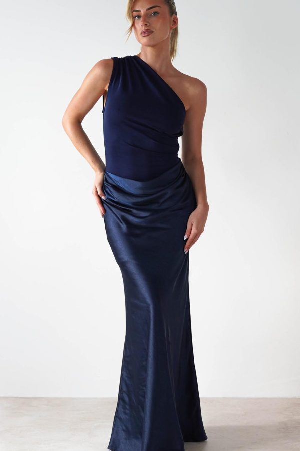 Toperth Navy Draped One Shoulder Maxi Dress