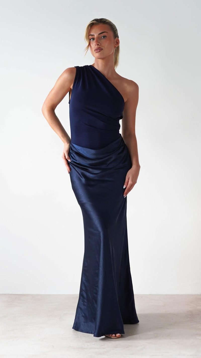Toperth Navy Draped One Shoulder Maxi Dress &ndash; Toperth