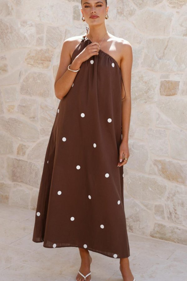 Toperth Brown Polka Dot One-Shoulder Maxi Dress