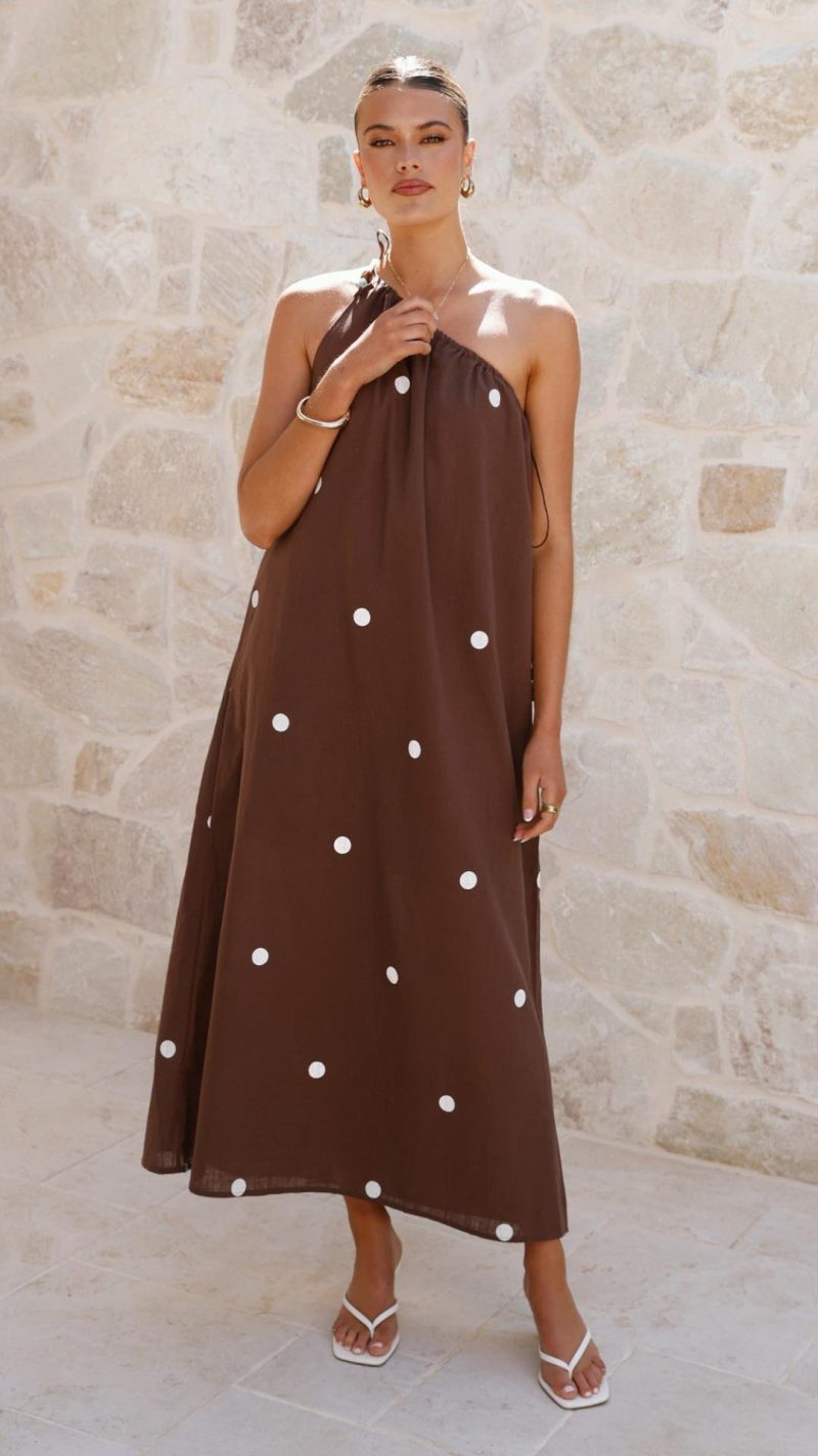 Toperth Brown Polka Dot One-Shoulder Maxi Dress &ndash; Toperth