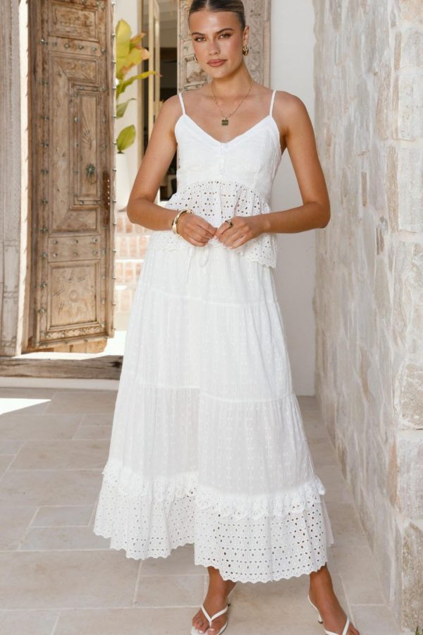 Toperth White Broderie Anglaise Tiered Maxi Skirt Two-piece Set