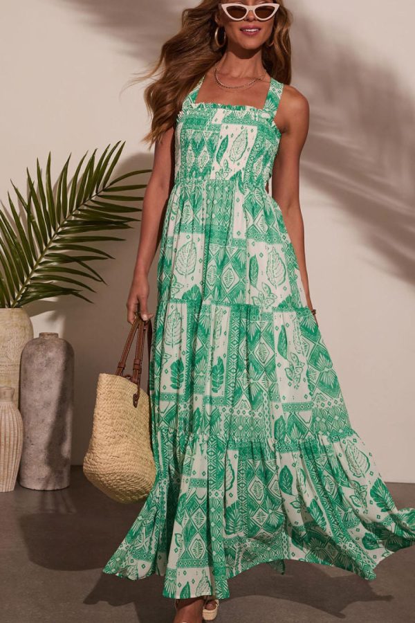 Toperth Green Floral Smocked Criss-Cross Maxi Dress