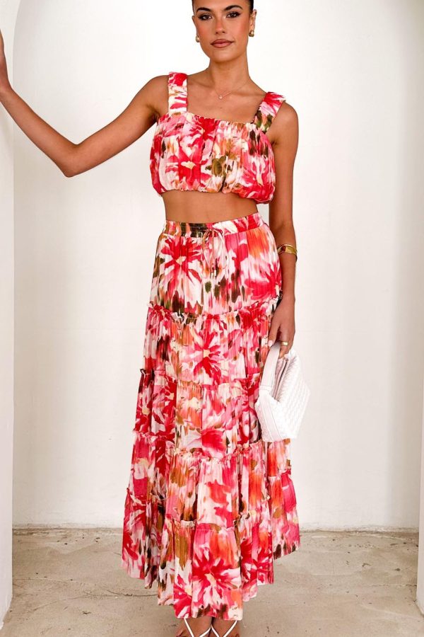 Toperth Magenta Abstract Gathered Square-Neck Crop Top