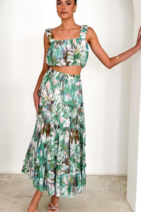 Toperth Toperth Green Abstract Gathered Square-Neck Crop Top