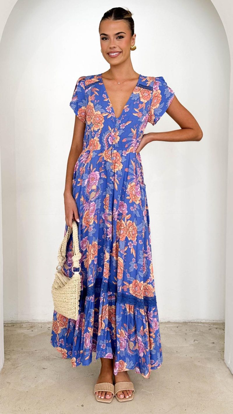 Toperth Blue Floral Button-Front Tiered Maxi Dress &ndash; Toperth