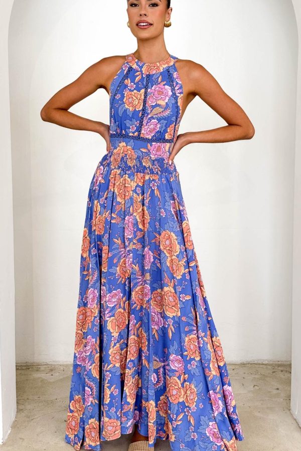 Toperth Blue Floral Ladder-Lace Halter Maxi Dress