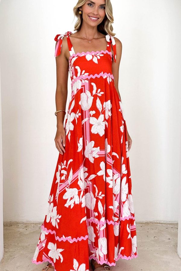 Toperth Tangerine Floral Ric-Rac Tie-Shoulder Maxi Dress