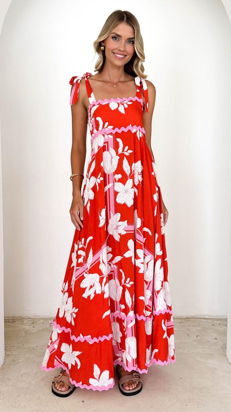 Toperth Tangerine Floral Ric-Rac Tie-Shoulder Maxi Dress &ndash; Toperth