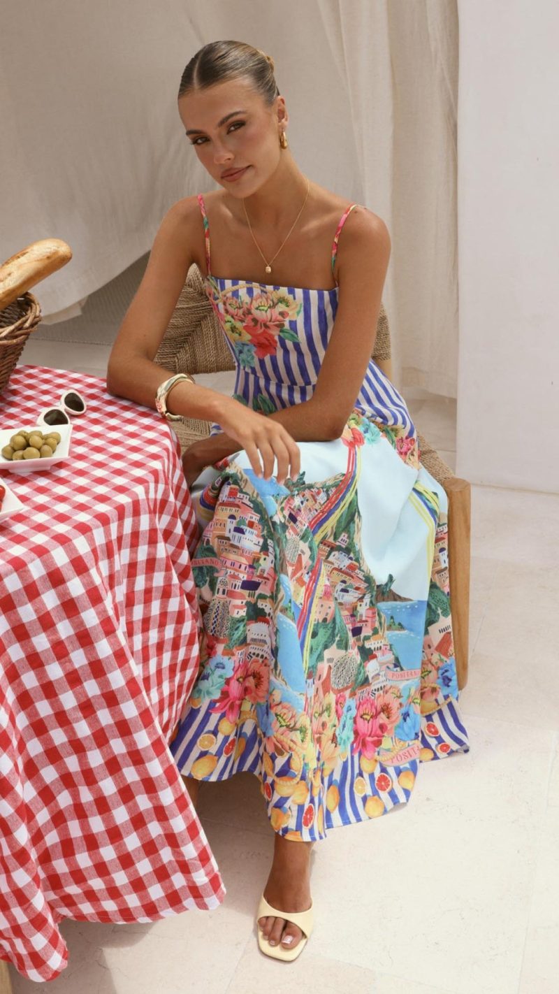 Toperth Positano Blue Scenic Print Fitted Maxi Dress &ndash; Toperth