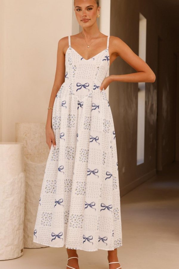 Toperth White/Blue Bow Print Tie-Back Maxi Dress