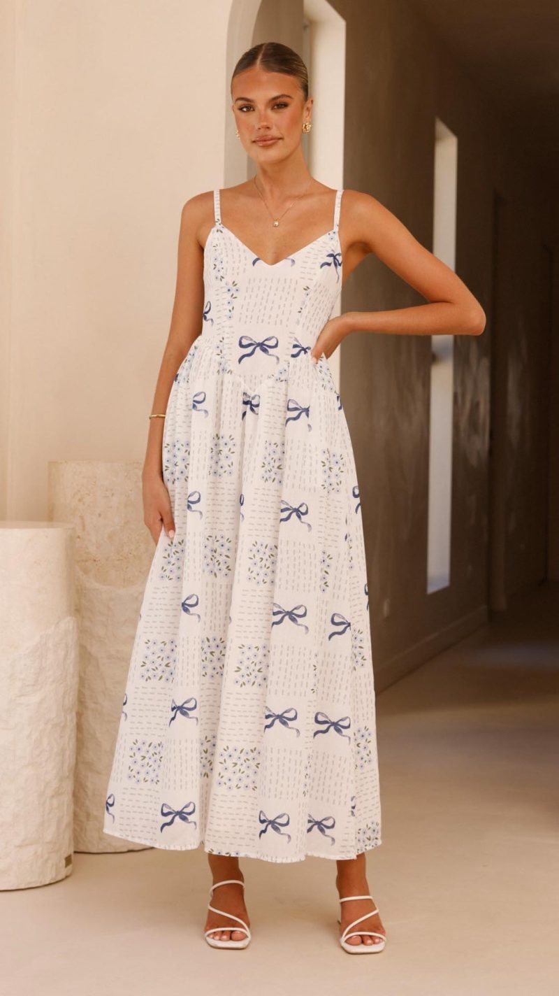 Toperth White/Blue Bow Print Tie-Back Maxi Dress &ndash; Toperth
