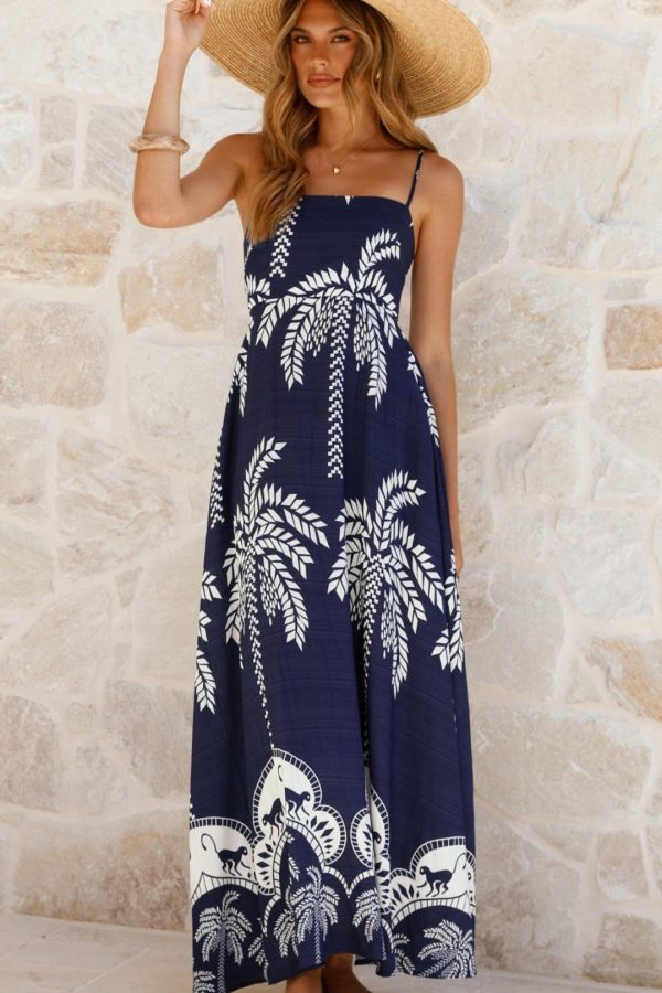Toperth Navy/White Tropical Print Shirred Maxi Dress