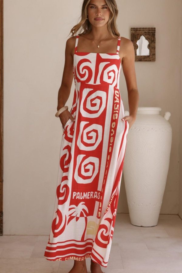 Toperth Red/White Palmeras Print Shirred-Back Maxi Dress