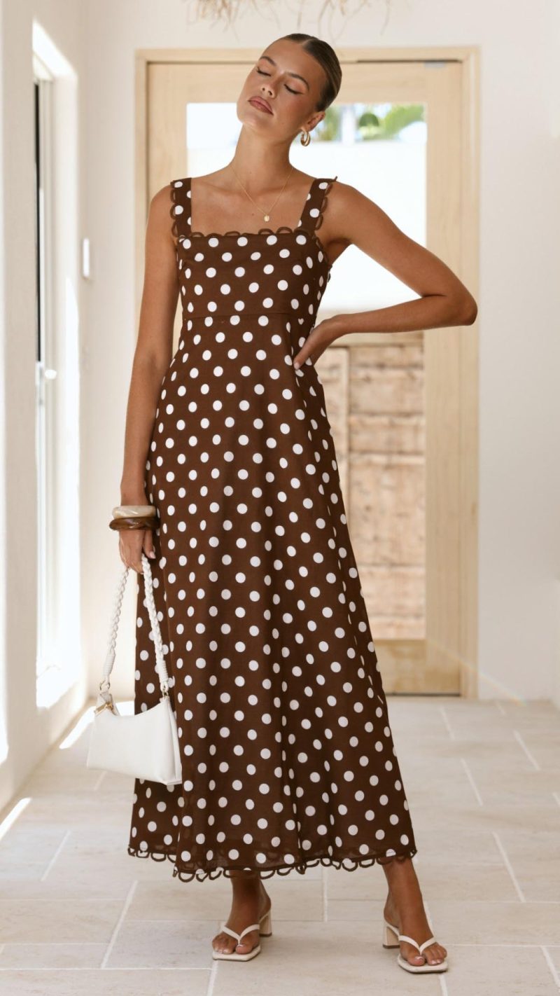 Toperth Brown Polka Dot Scallop Trim Square Neck Maxi Dress &ndash; Toperth