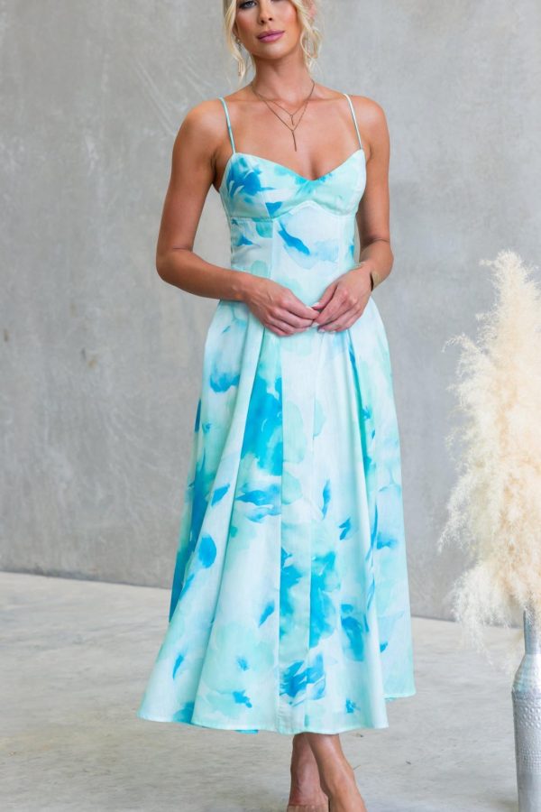 Toperth Green Watercolor Floral Pleated Fit-and-Flare Maxi Dress